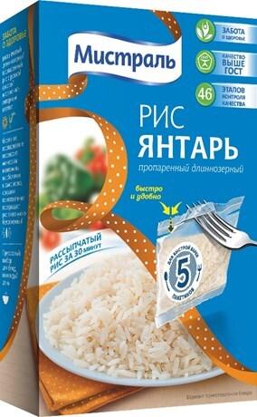 Рис Мистраль Янтарь пропаренный длиннозерный в пакетах для варки, 400г