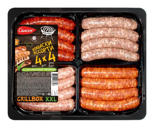 Колбаски Самсон Grill box 4х4: мергез, чоризо, сальчичча, свиные с травами и специями охлажденные 1кг