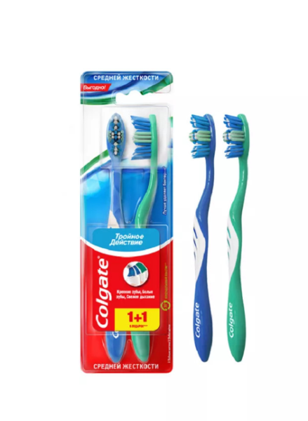 Зубная щетка Colgate Тройное действие антибактериальная средней жесткости промоупаковка 1+1, 1 шт