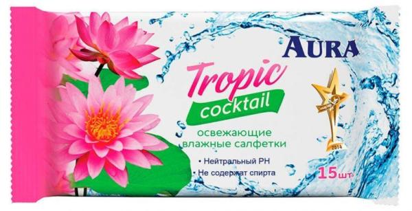 Салфетки влажные AURA Tropic Cocktail c антибактериальным эффектом 15 шт 